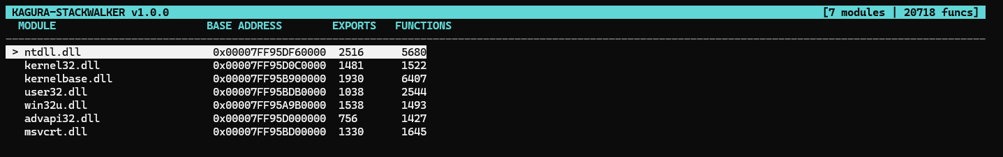 Kagura TUI showing the Module List view with 7 loaded DLLs, export and function counts