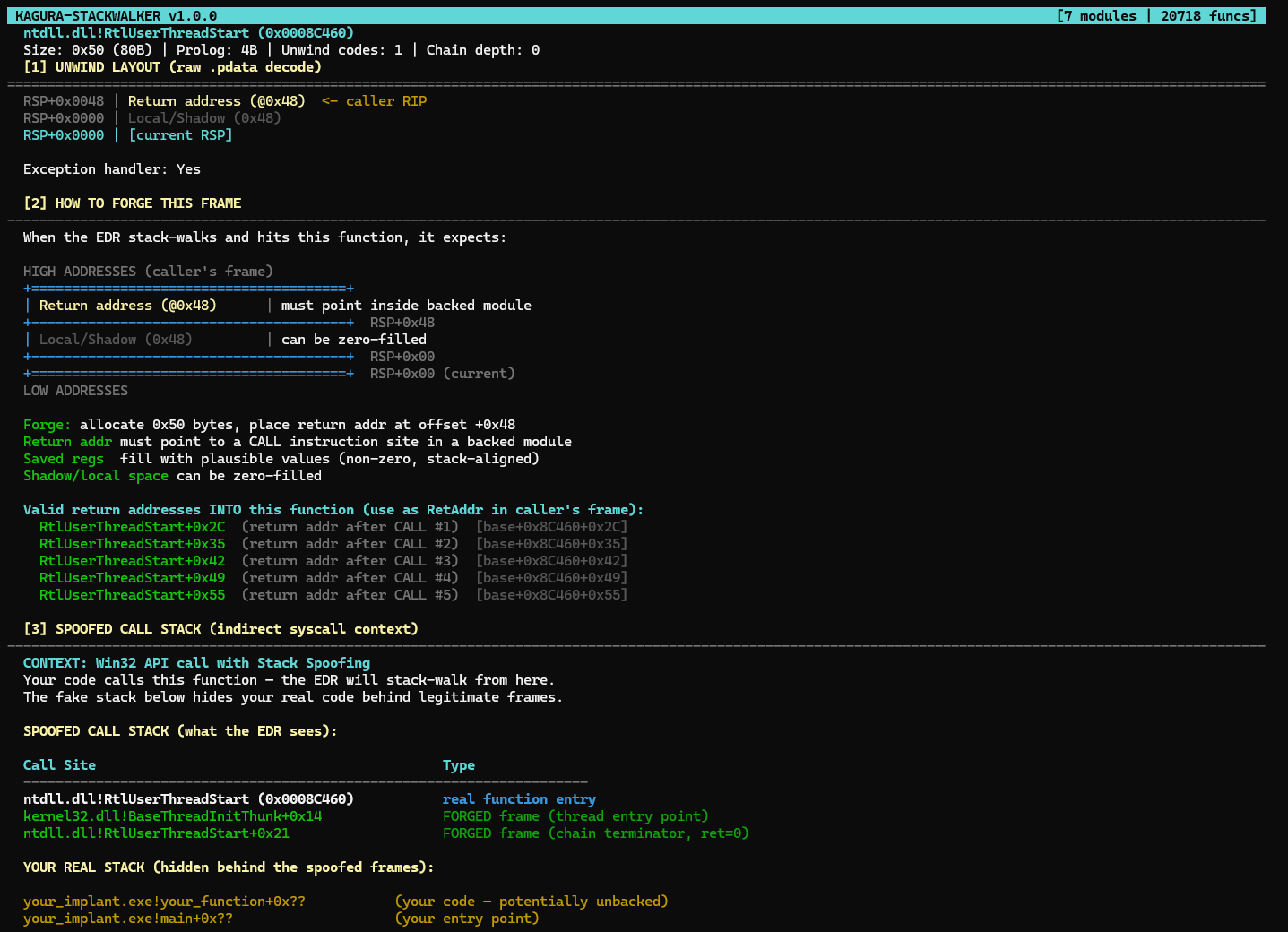 Kagura TUI showing RtlUserThreadStart frame detail with exception handler and terminal frame