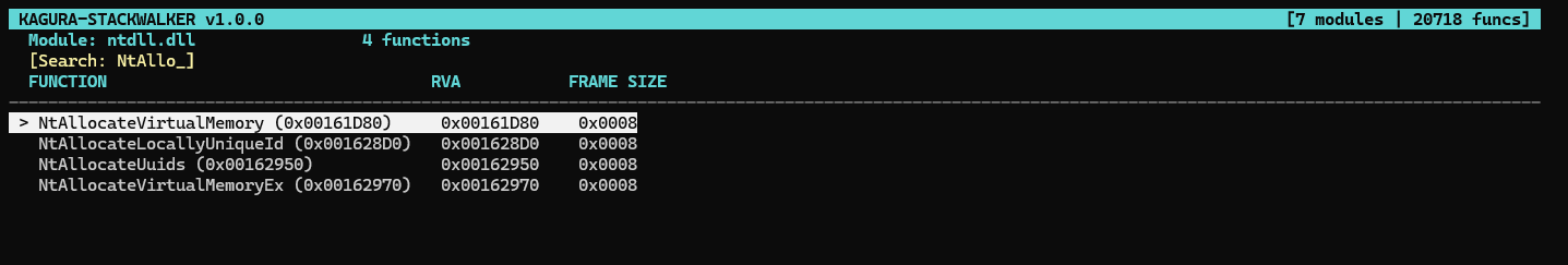 Kagura TUI showing function search in ntdll with NtAllo_ filter